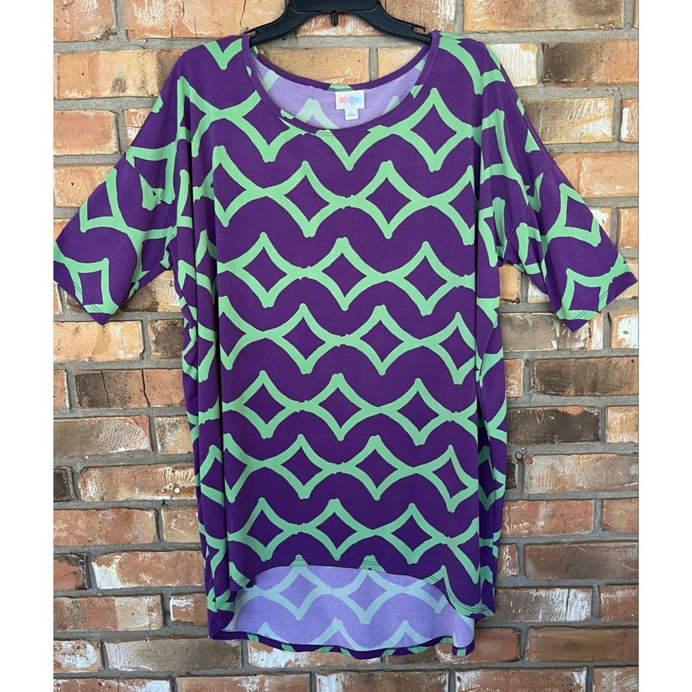 LuLaRoe Women’s Purple and Green Chevron Print Tunic Top Boho Style Size Large